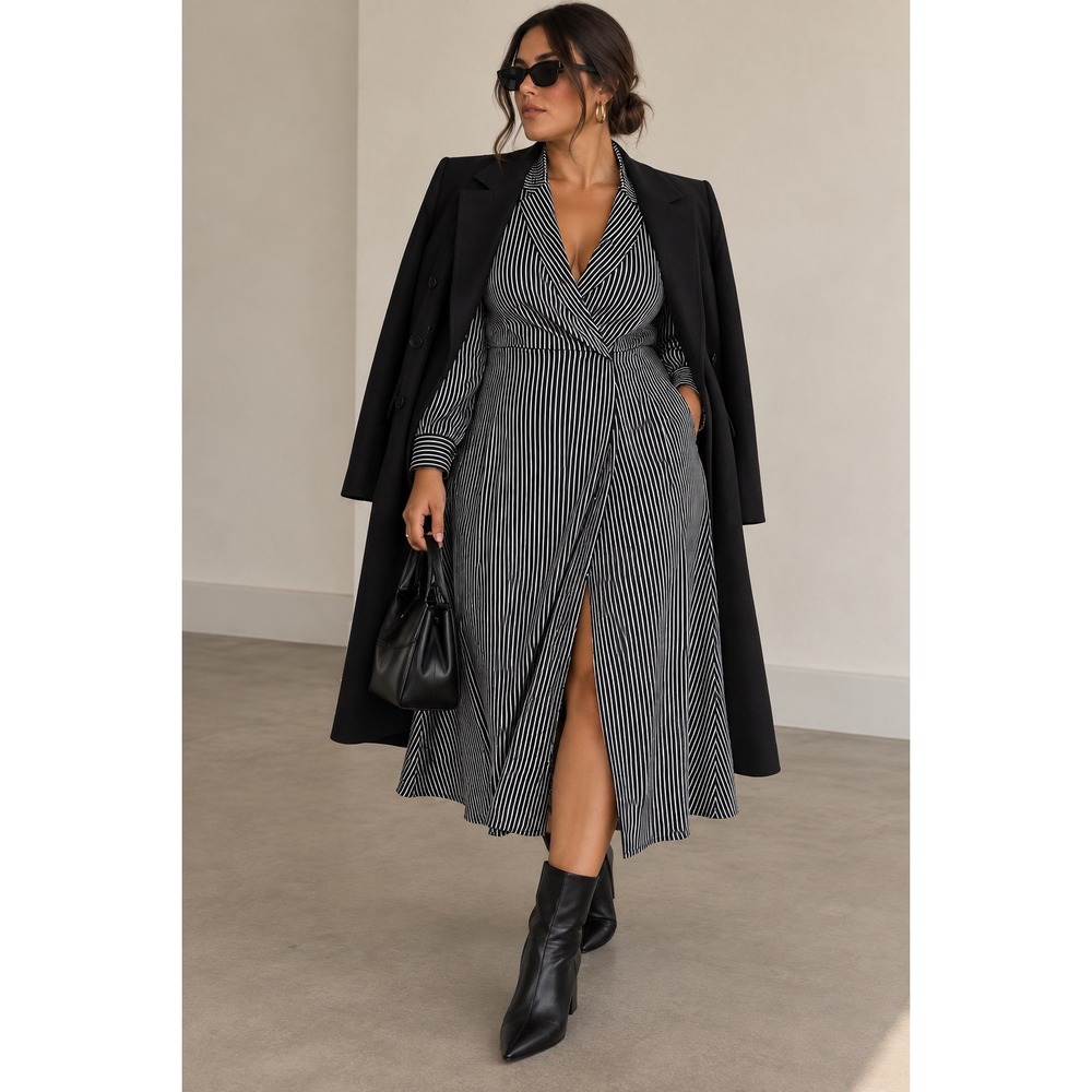 Avec Les Filles Pinstriped Wrap Midi Tuxedo Dress Long Sleeve Pockets Size L